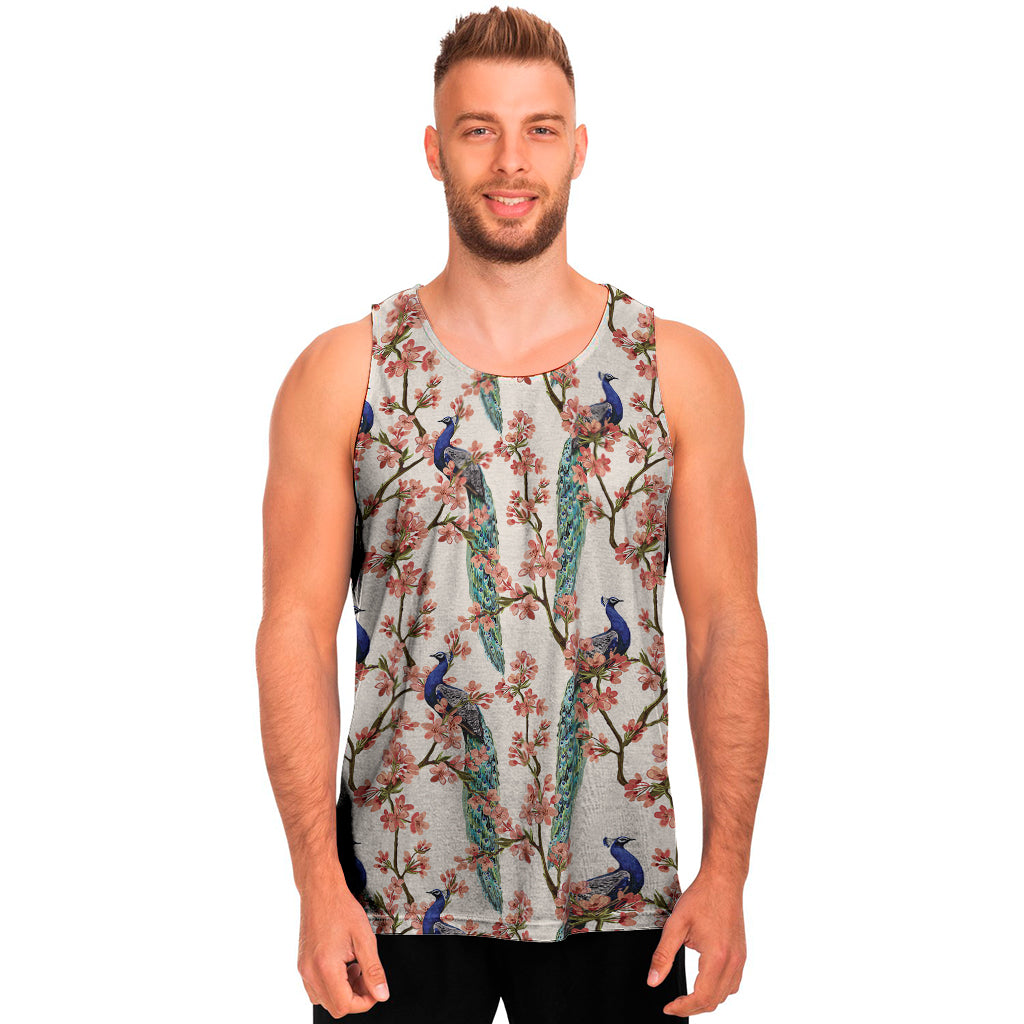 Cherry Blossom Peacock Print Men's Tank Top