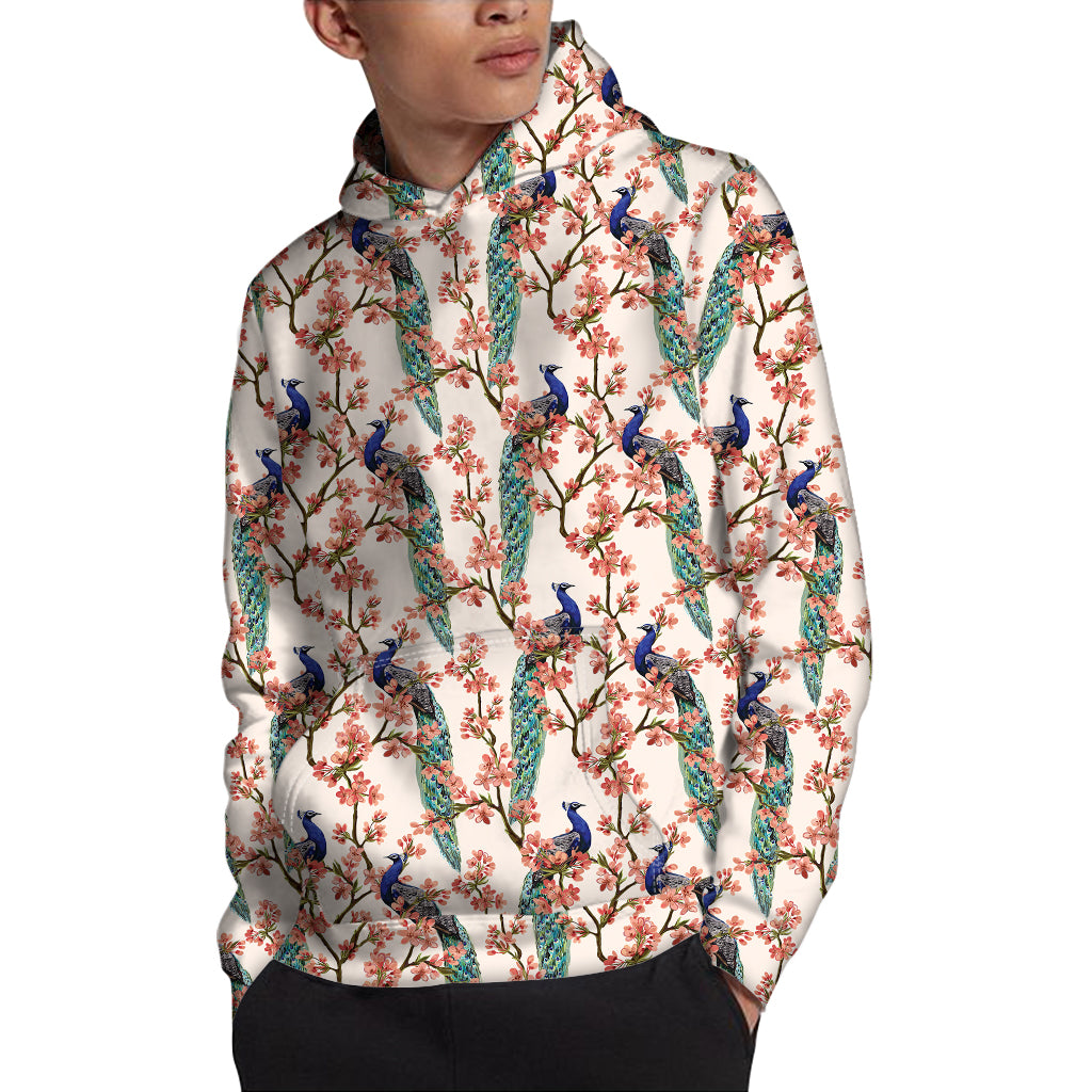 Cherry Blossom Peacock Print Pullover Hoodie