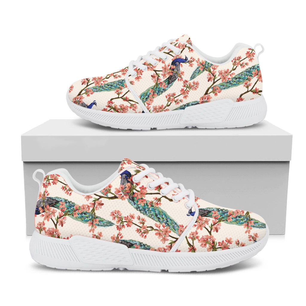 Cherry Blossom Peacock Print White Athletic Shoes