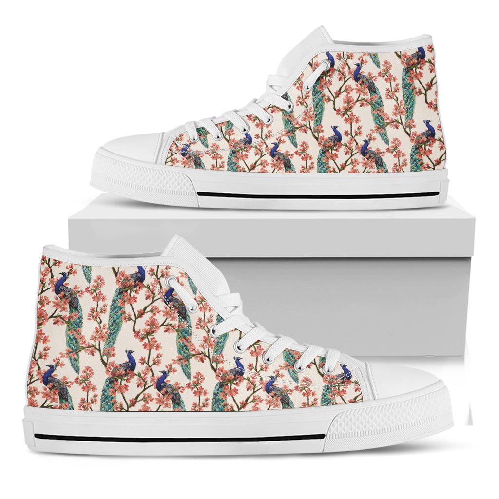 Cherry Blossom Peacock Print White High Top Shoes