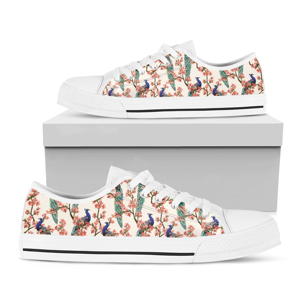 Cherry Blossom Peacock Print White Low Top Shoes