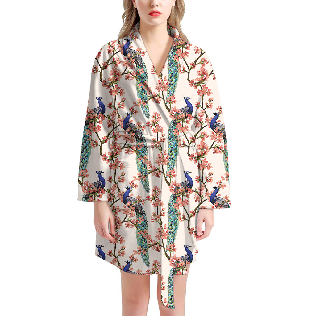 Cherry Blossom Peacock Print Women's Bathrobe