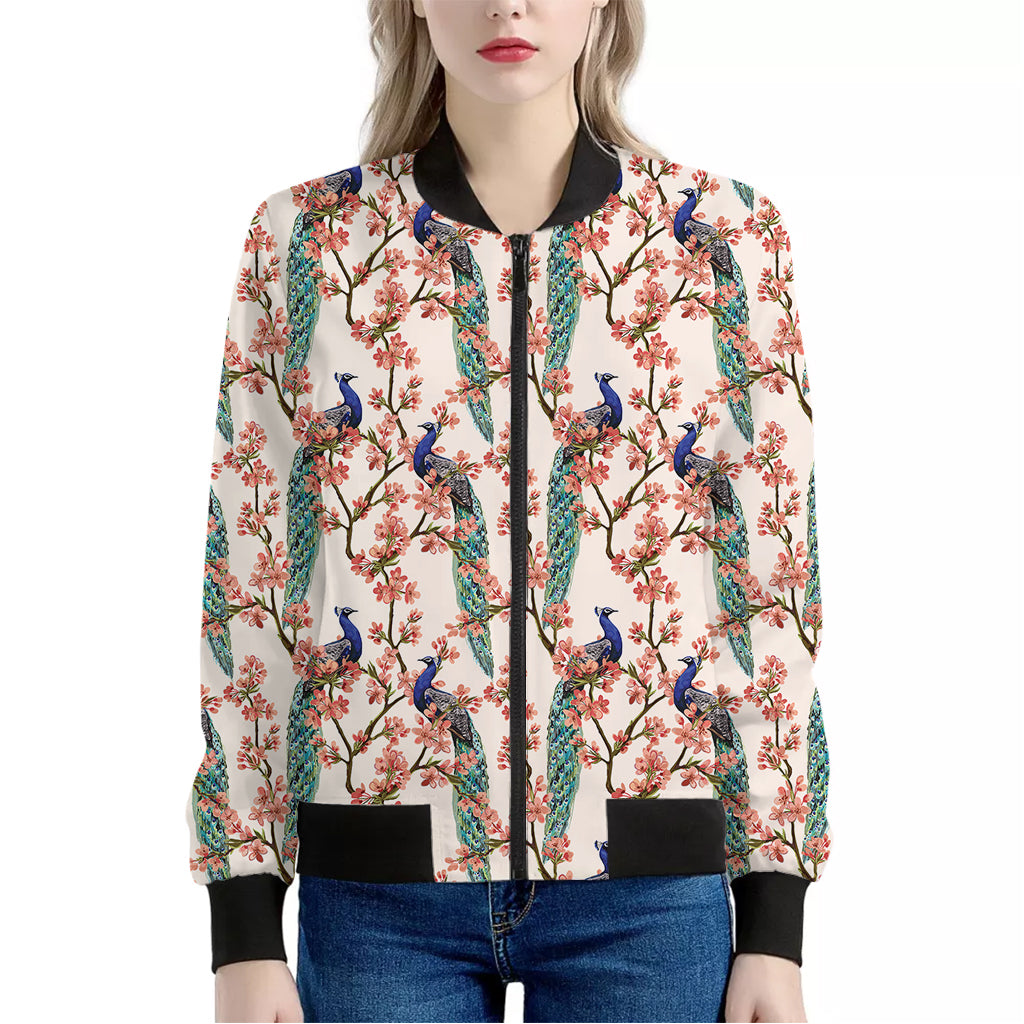 Cherry Blossom Peacock Print Women's Bomber Jacket