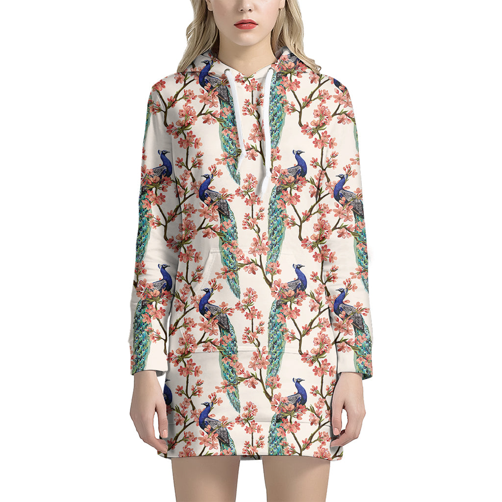 Cherry Blossom Peacock Print Women's Pullover Hoodie Dress