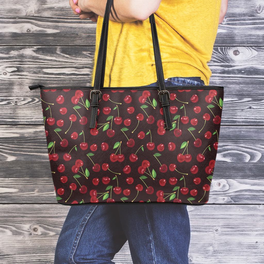 Cherry Fruit Pattern Print Leather Tote Bag