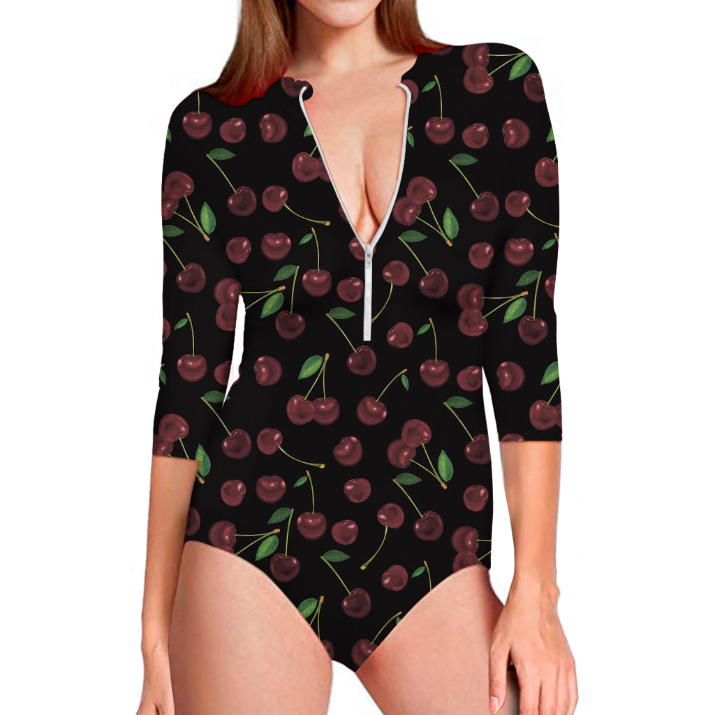 Cherry Fruit Pattern Print Long Sleeve One Piece Swimsuit