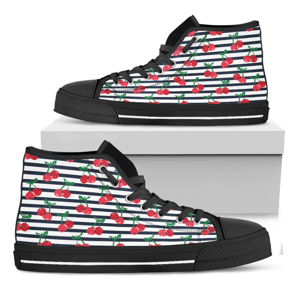 Cherry Striped Pattern Print Black High Top Shoes