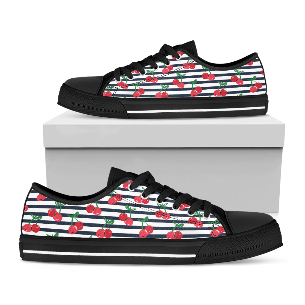 Cherry Striped Pattern Print Black Low Top Shoes