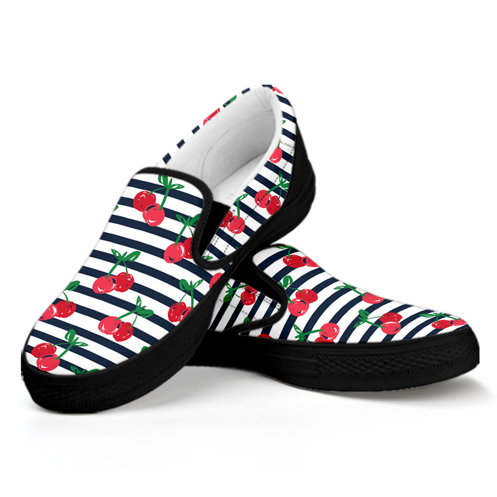 Cherry Striped Pattern Print Black Slip On Shoes