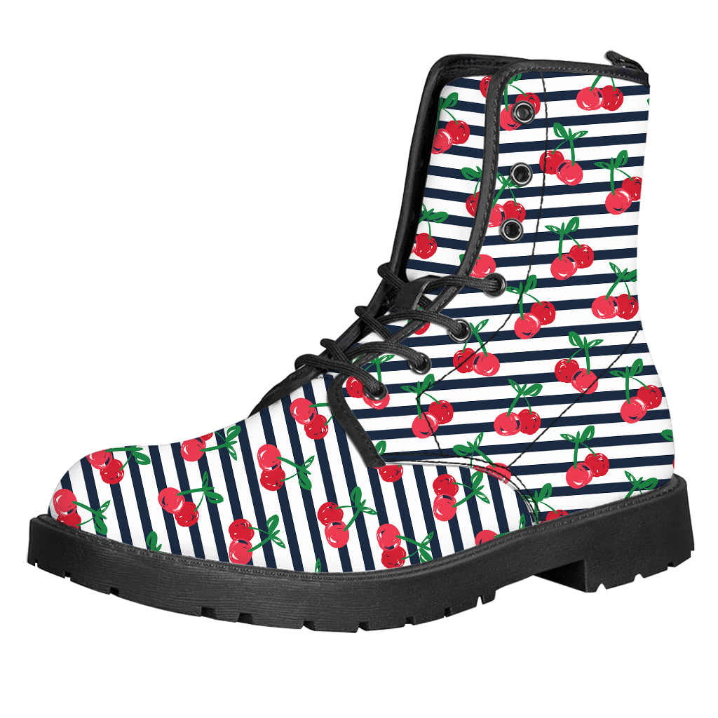 Cherry Striped Pattern Print Leather Boots