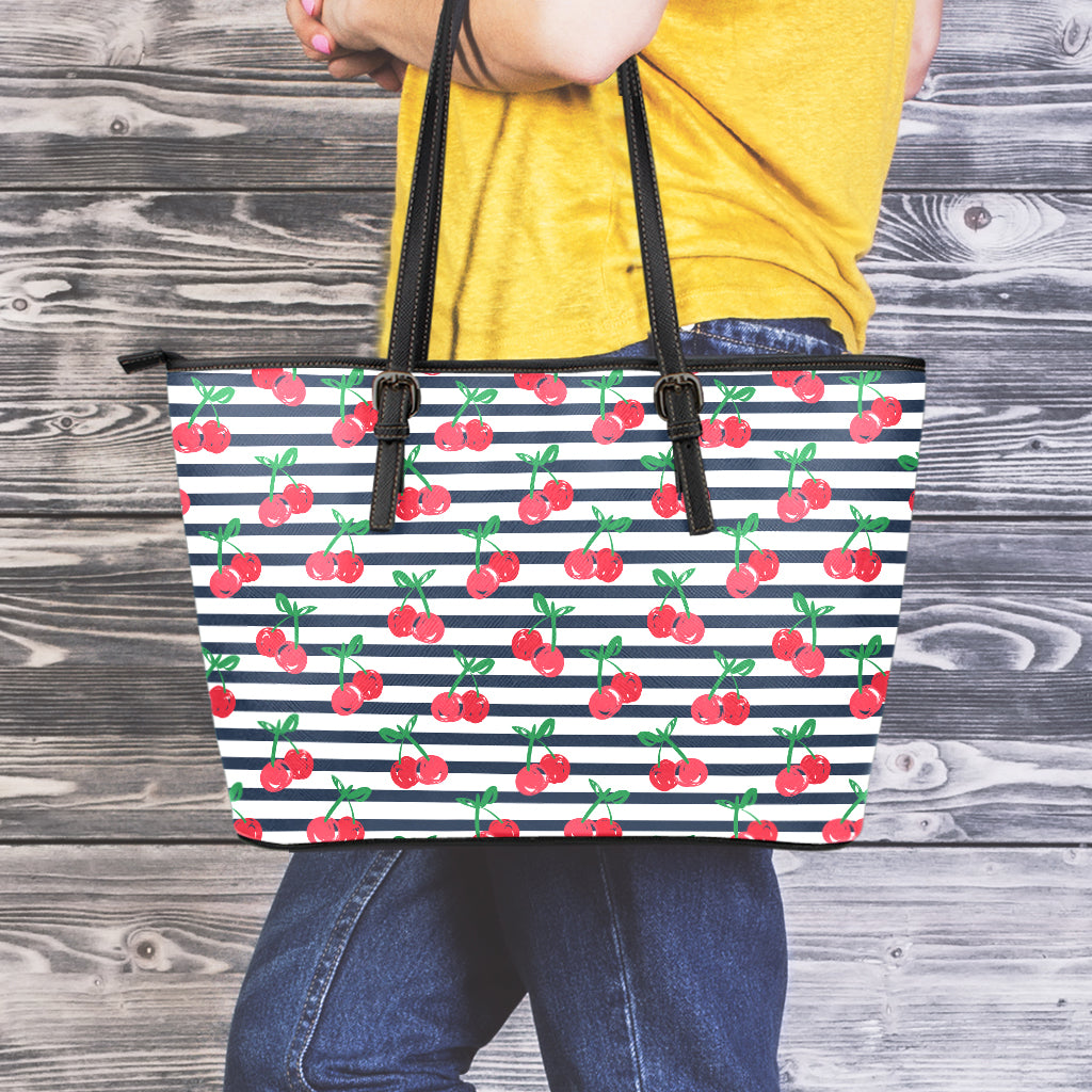 Cherry Striped Pattern Print Leather Tote Bag