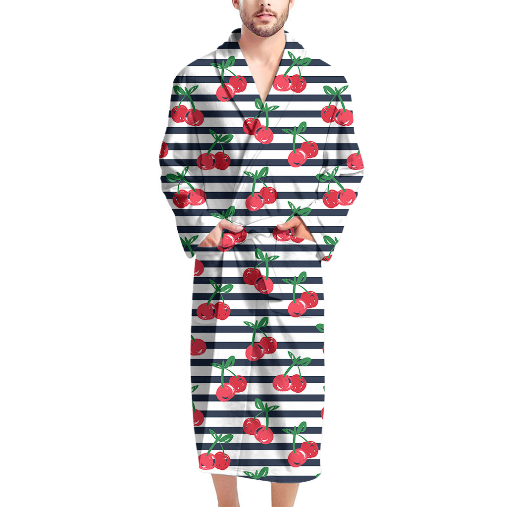 Cherry Striped Pattern Print Men's Bathrobe