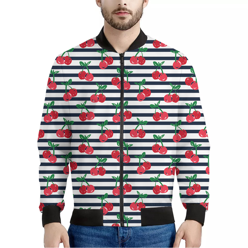 Cherry Striped Pattern Print Men's Bomber Jacket