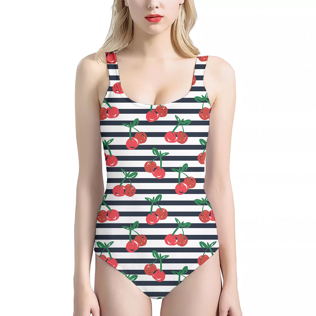 Cherry Striped Pattern Print One Piece Halter Neck Swimsuit