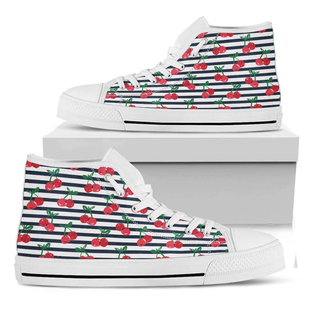 Cherry Striped Pattern Print White High Top Shoes