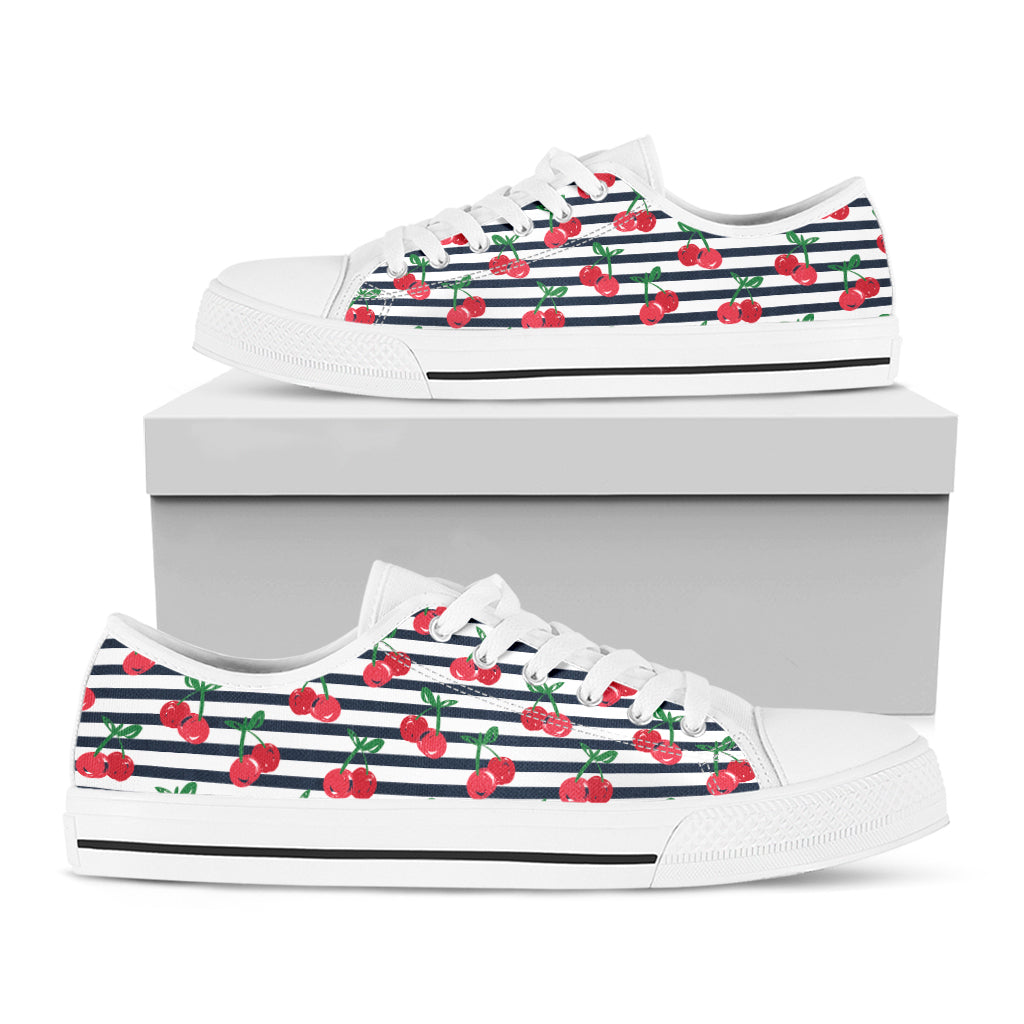 Cherry Striped Pattern Print White Low Top Shoes