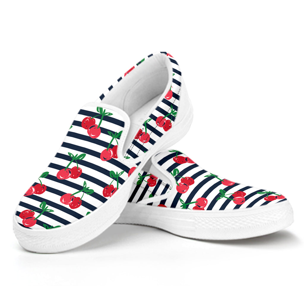 Cherry Striped Pattern Print White Slip On Shoes