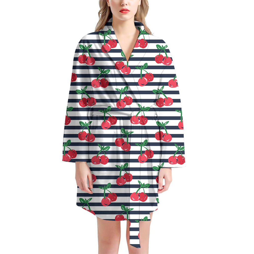 Cherry Striped Pattern Print Women's Bathrobe