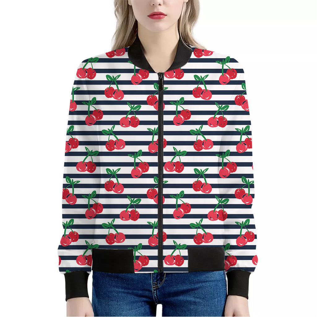 Cherry Striped Pattern Print Women's Bomber Jacket