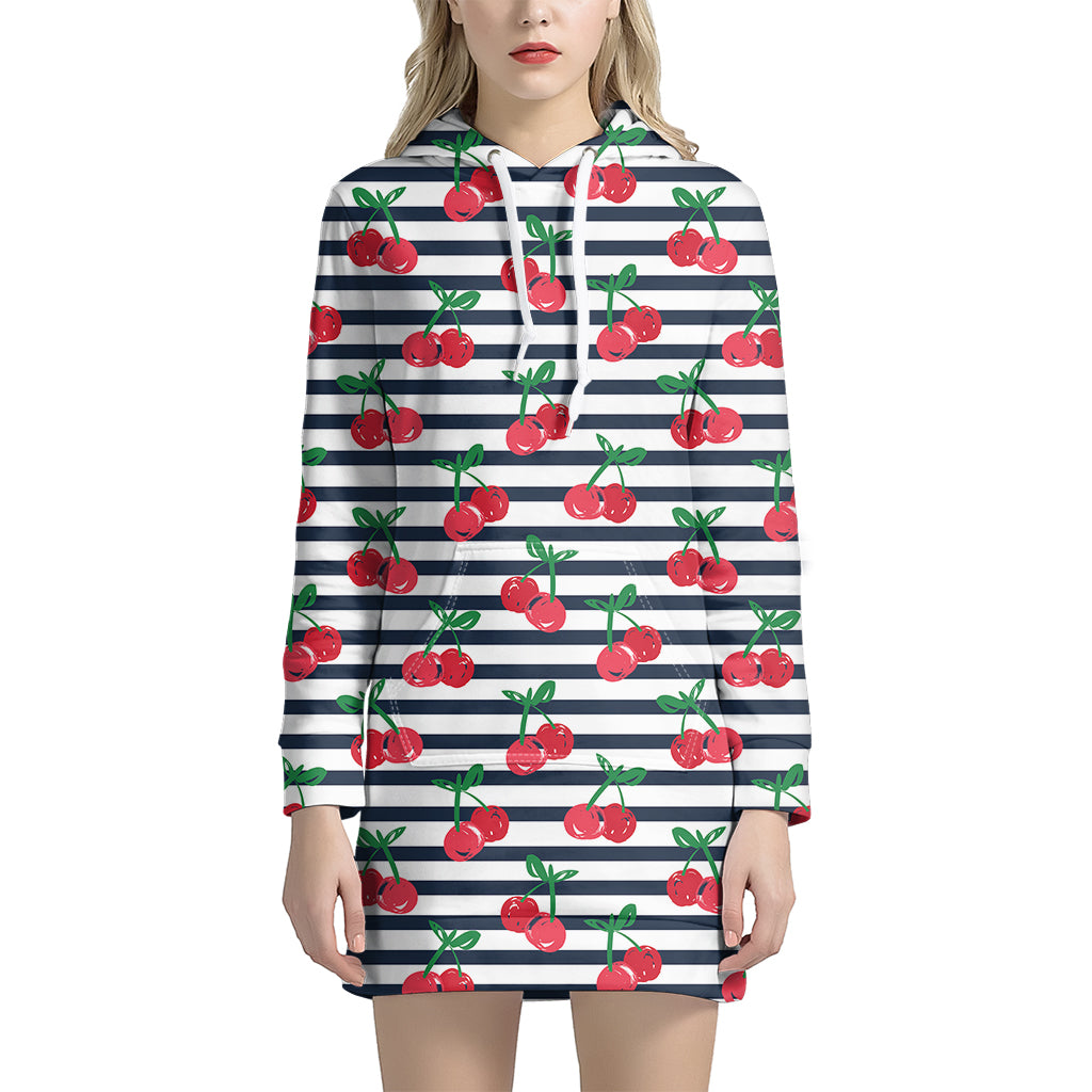 Cherry Striped Pattern Print Women's Pullover Hoodie Dress