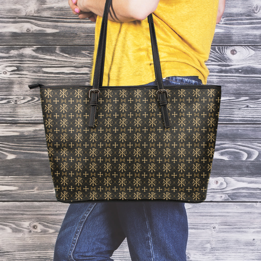 Chi Rho Orthodox Pattern Print Leather Tote Bag