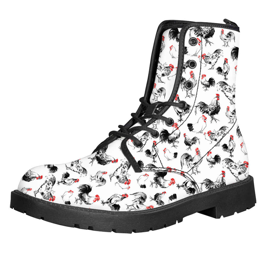 Chicken Ink Painting Pattern Print Leather Boots