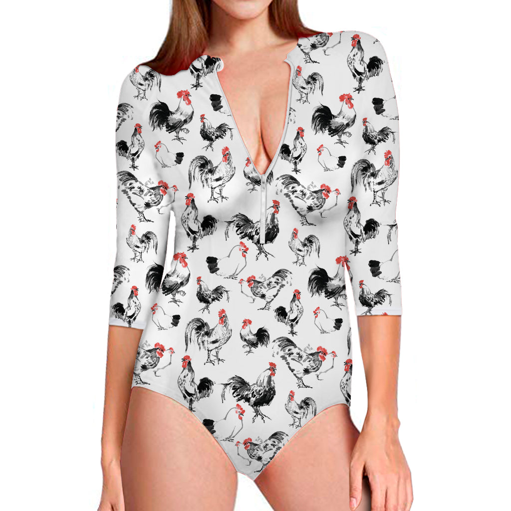 Chicken Ink Painting Pattern Print Long Sleeve One Piece Swimsuit