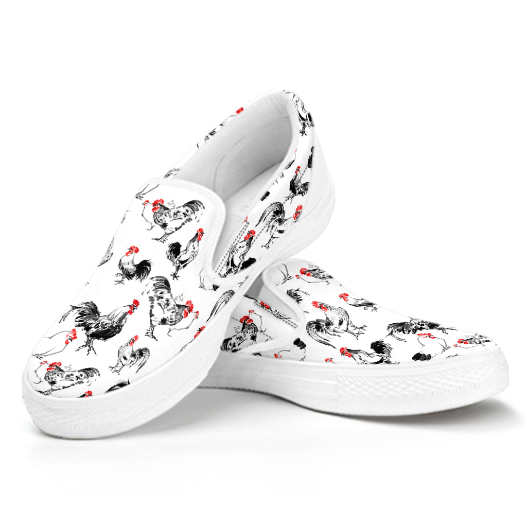 Chicken Ink Painting Pattern Print White Slip On Shoes