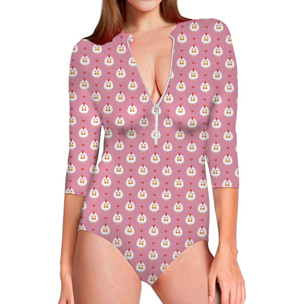 Chicken Love Emoji Pattern Print Long Sleeve One Piece Swimsuit