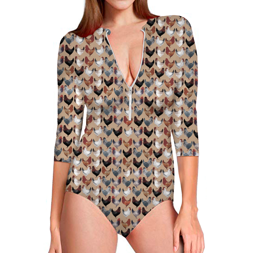 Chicken Painting Pattern Print Long Sleeve One Piece Swimsuit