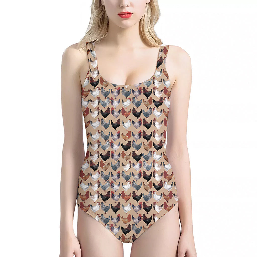 Chicken Painting Pattern Print One Piece Halter Neck Swimsuit