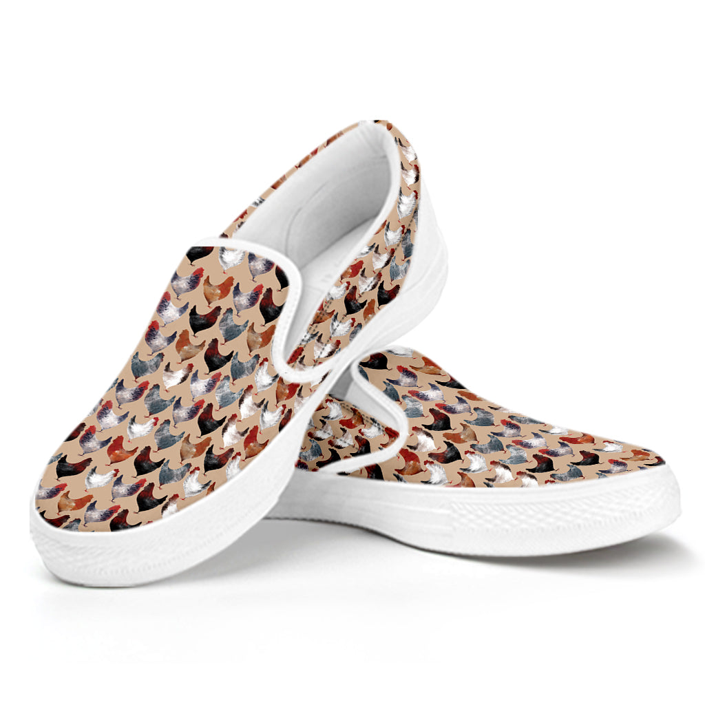 Chicken Painting Pattern Print White Slip On Shoes