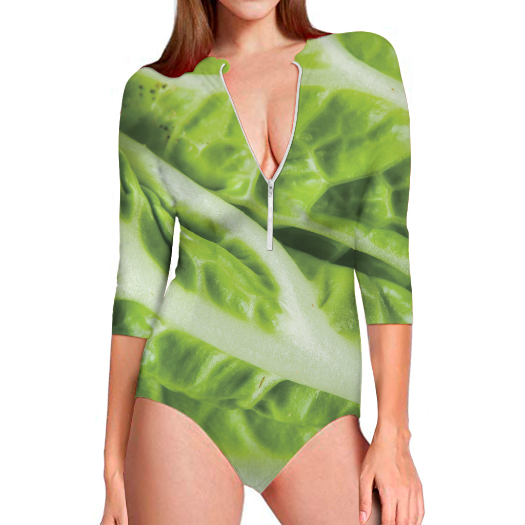 Chinese Cabbage Leaf Print Long Sleeve One Piece Swimsuit
