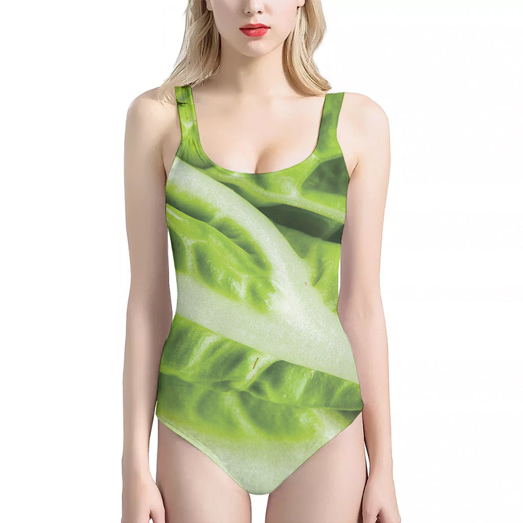 Chinese Cabbage Leaf Print One Piece Halter Neck Swimsuit