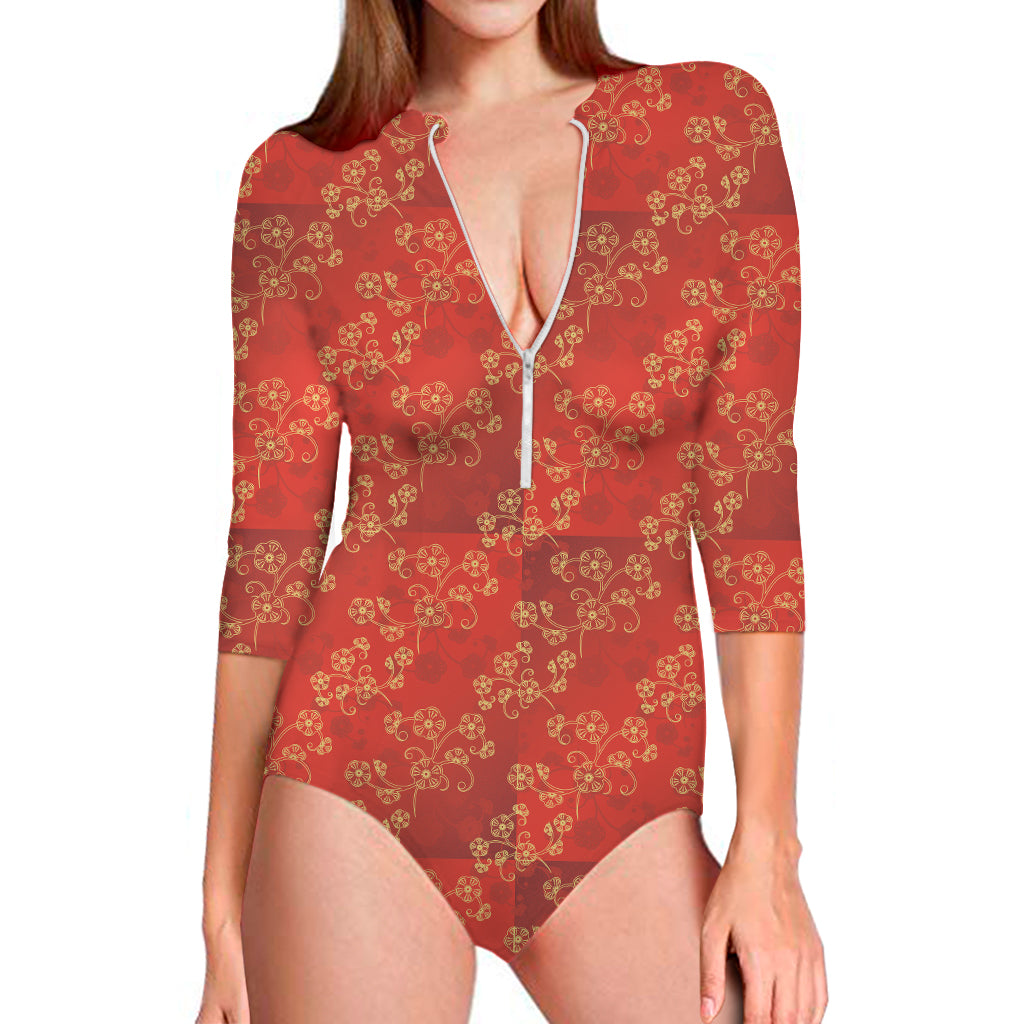 Chinese Cherry Blossom Pattern Print Long Sleeve One Piece Swimsuit