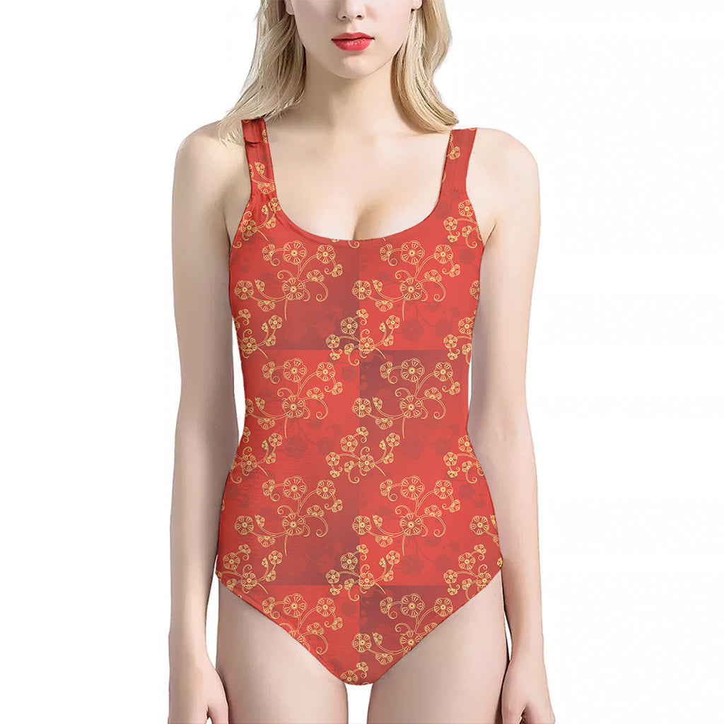 Chinese Cherry Blossom Pattern Print One Piece Halter Neck Swimsuit