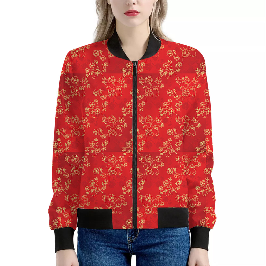 Chinese Cherry Blossom Pattern Print Women's Bomber Jacket