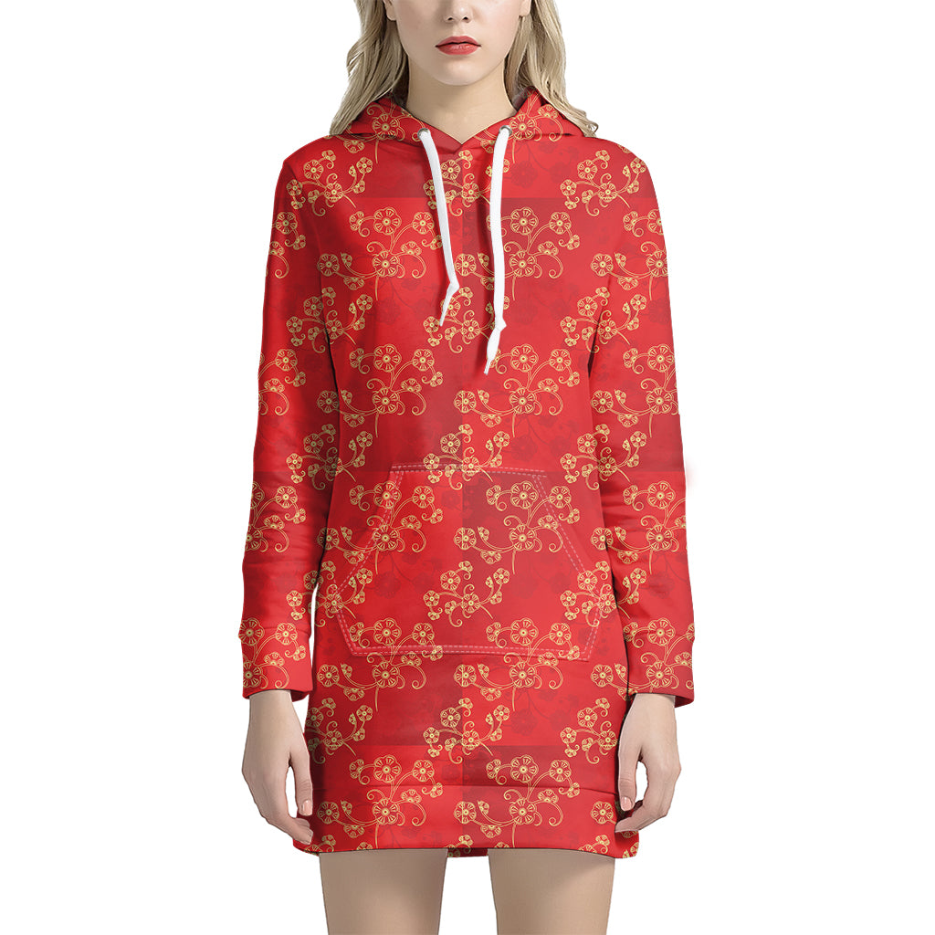 Chinese Cherry Blossom Pattern Print Women's Pullover Hoodie Dress