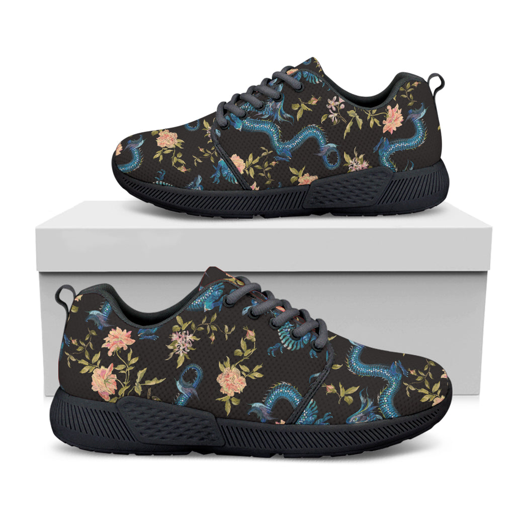 Chinese Dragon And Flower Pattern Print Black Athletic Shoes