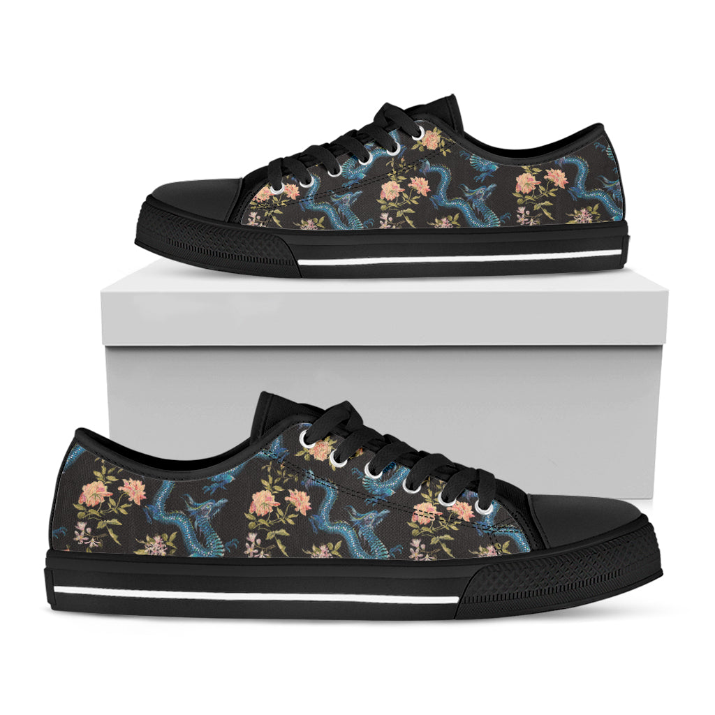 Chinese Dragon And Flower Pattern Print Black Low Top Shoes