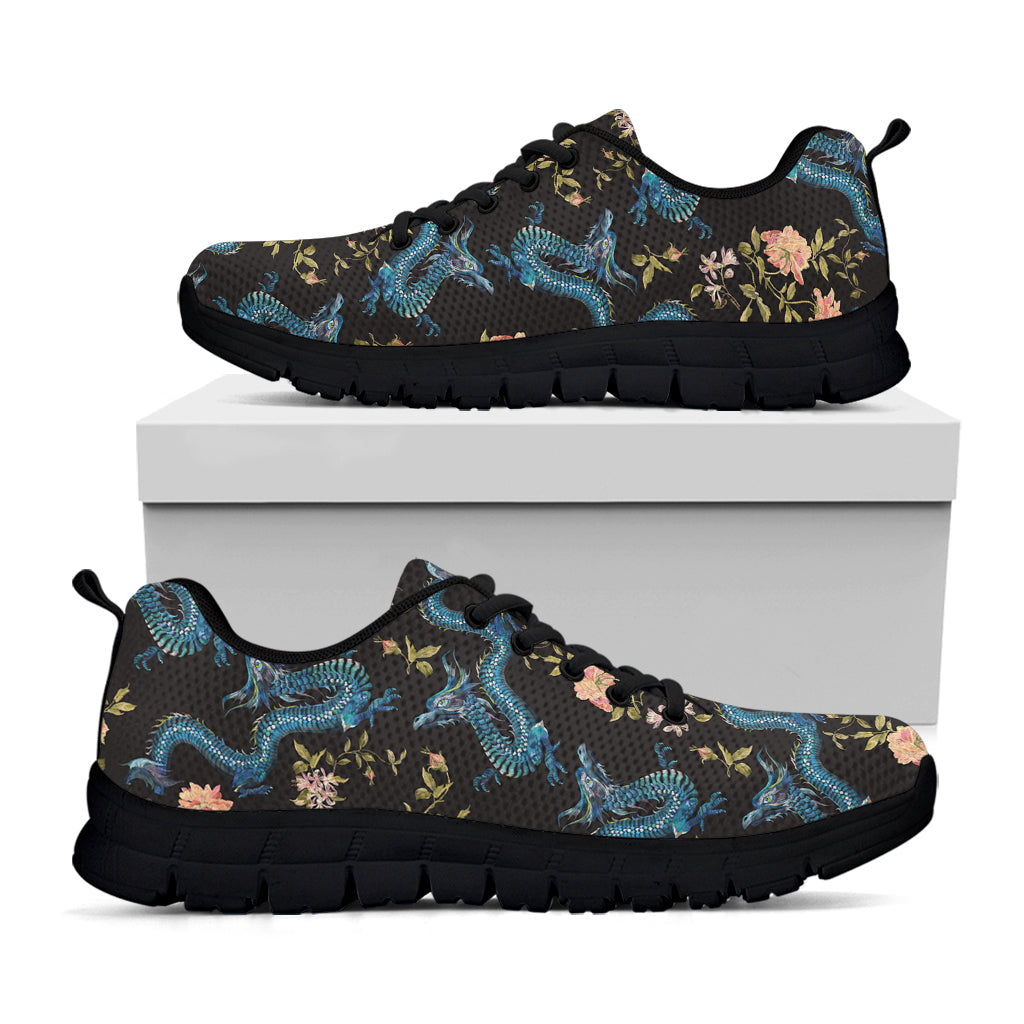 Chinese Dragon And Flower Pattern Print Black Sneakers