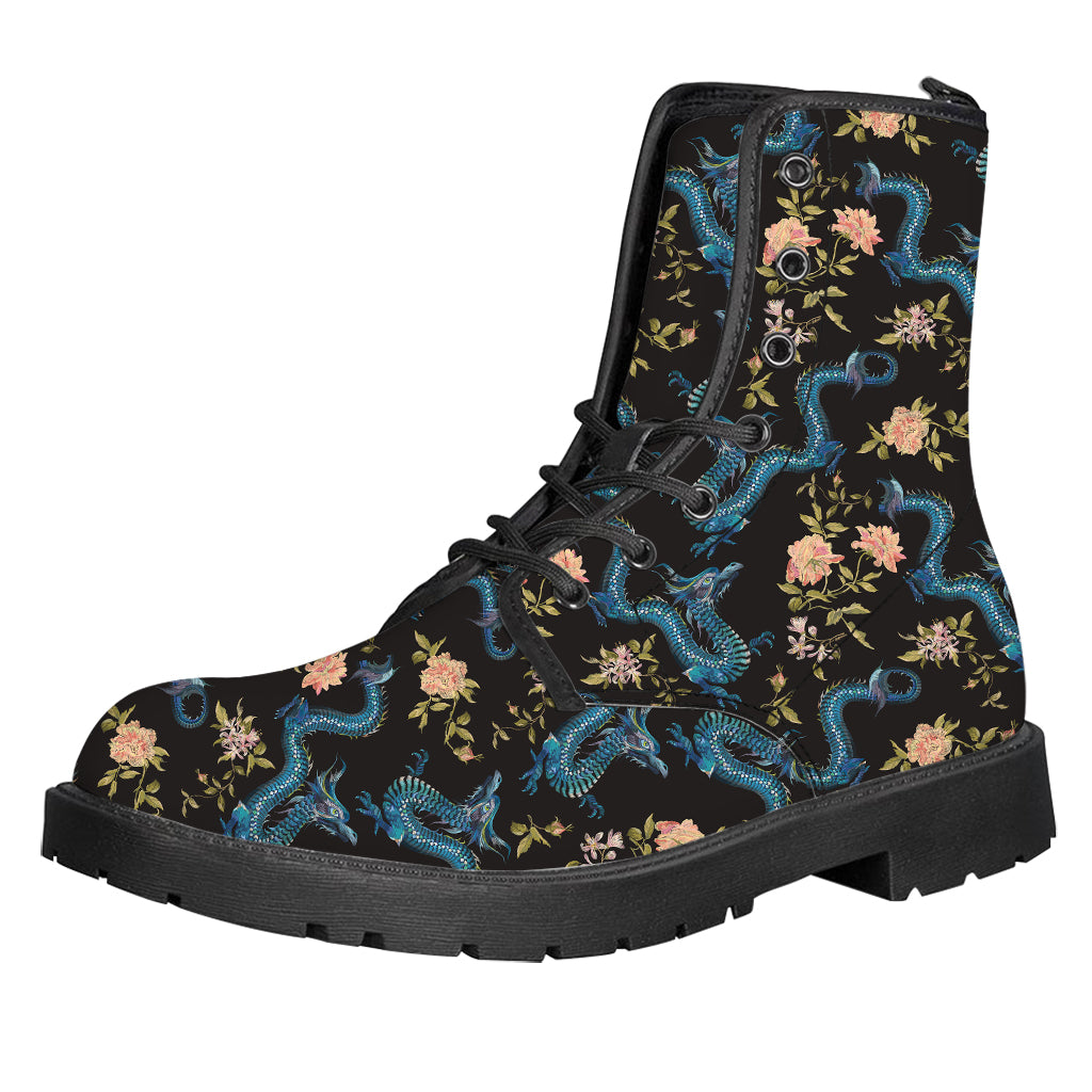 Chinese Dragon And Flower Pattern Print Leather Boots