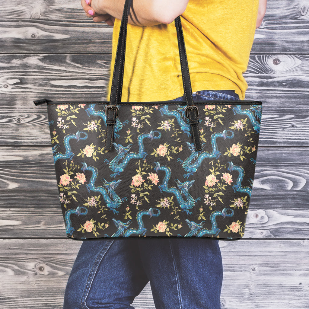 Chinese Dragon And Flower Pattern Print Leather Tote Bag