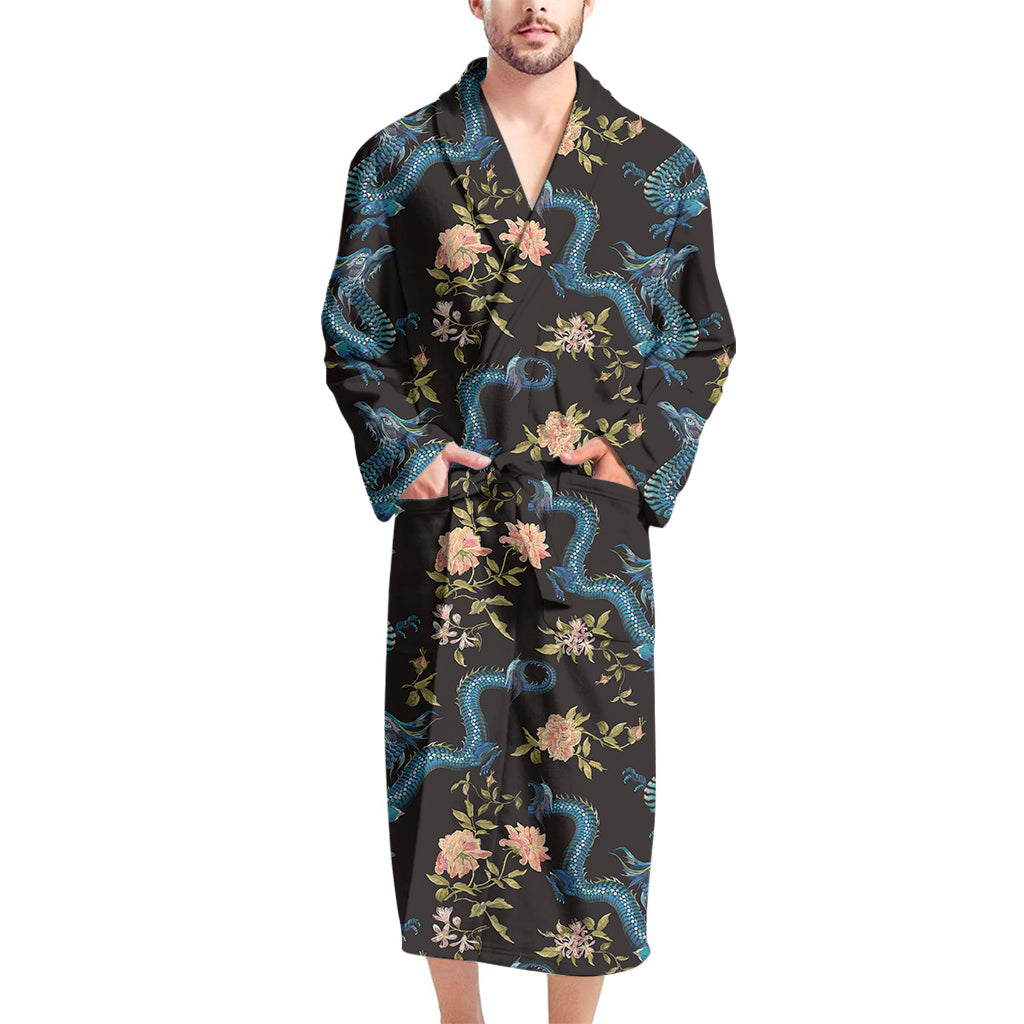 Chinese Dragon And Flower Pattern Print Men's Bathrobe