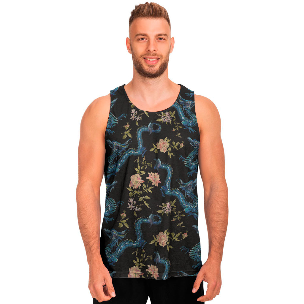 Chinese Dragon And Flower Pattern Print Men's Tank Top