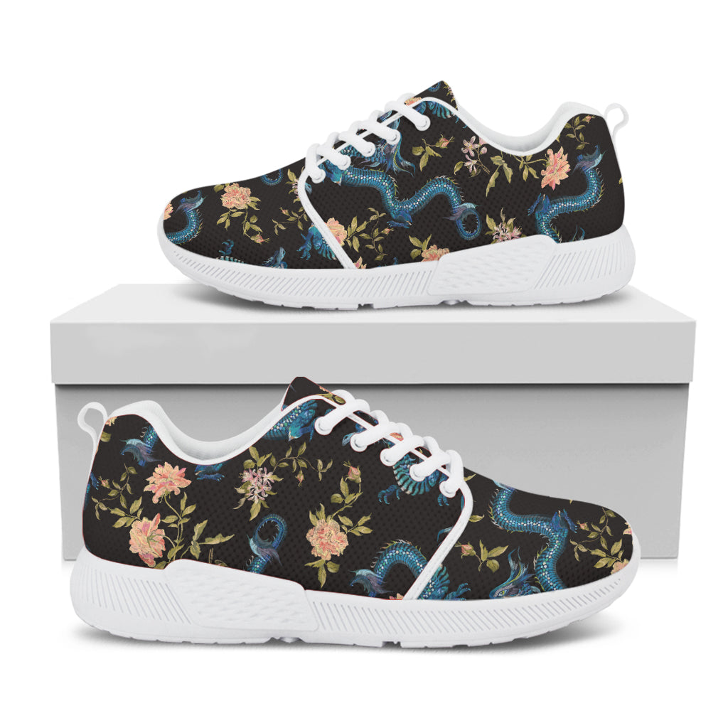 Chinese Dragon And Flower Pattern Print White Athletic Shoes