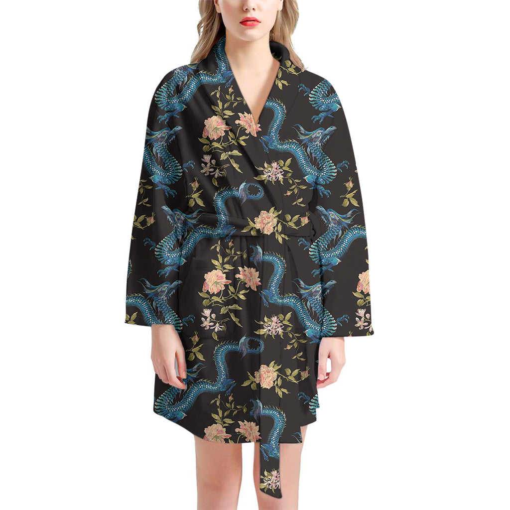 Chinese Dragon And Flower Pattern Print Women's Bathrobe