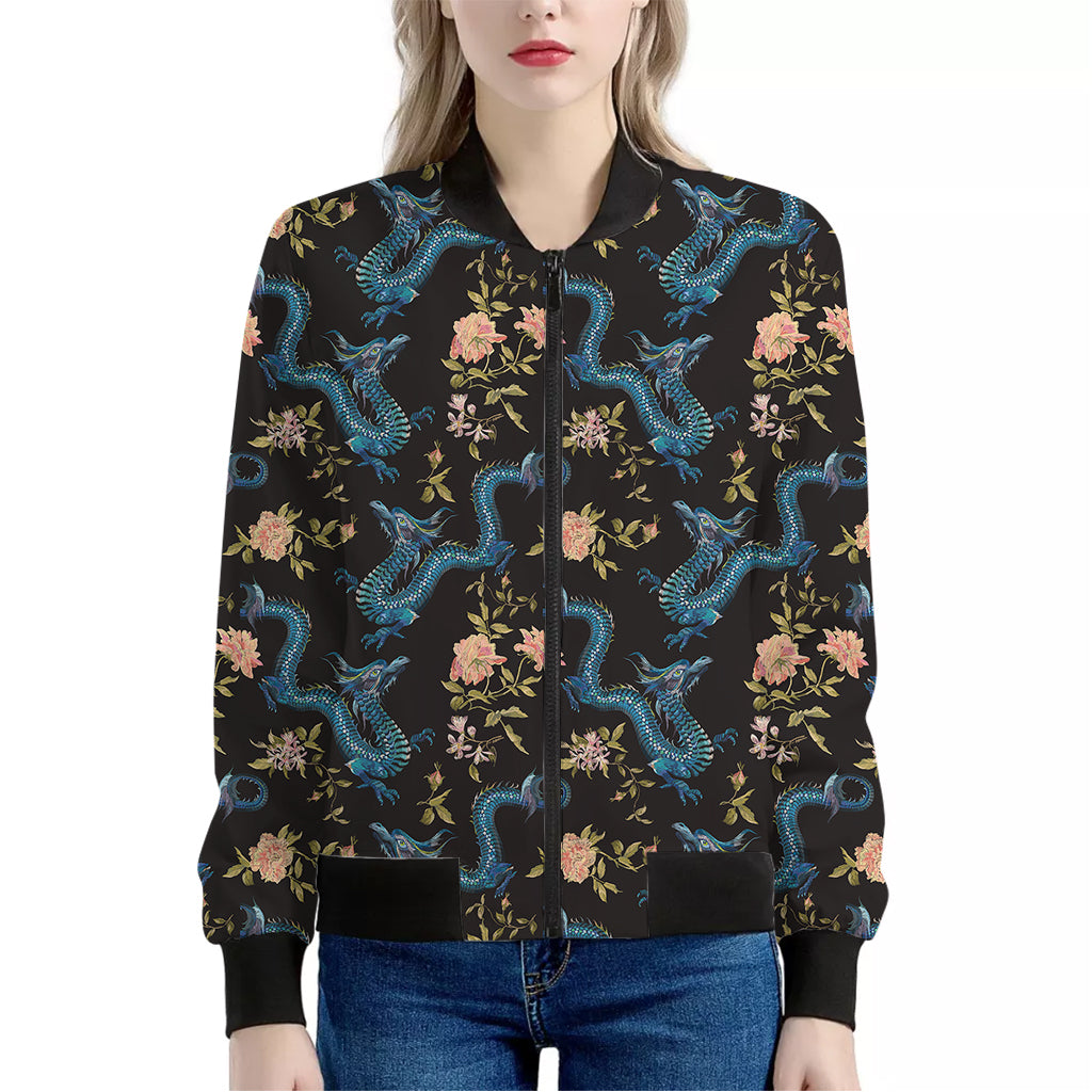 Chinese Dragon And Flower Pattern Print Women's Bomber Jacket