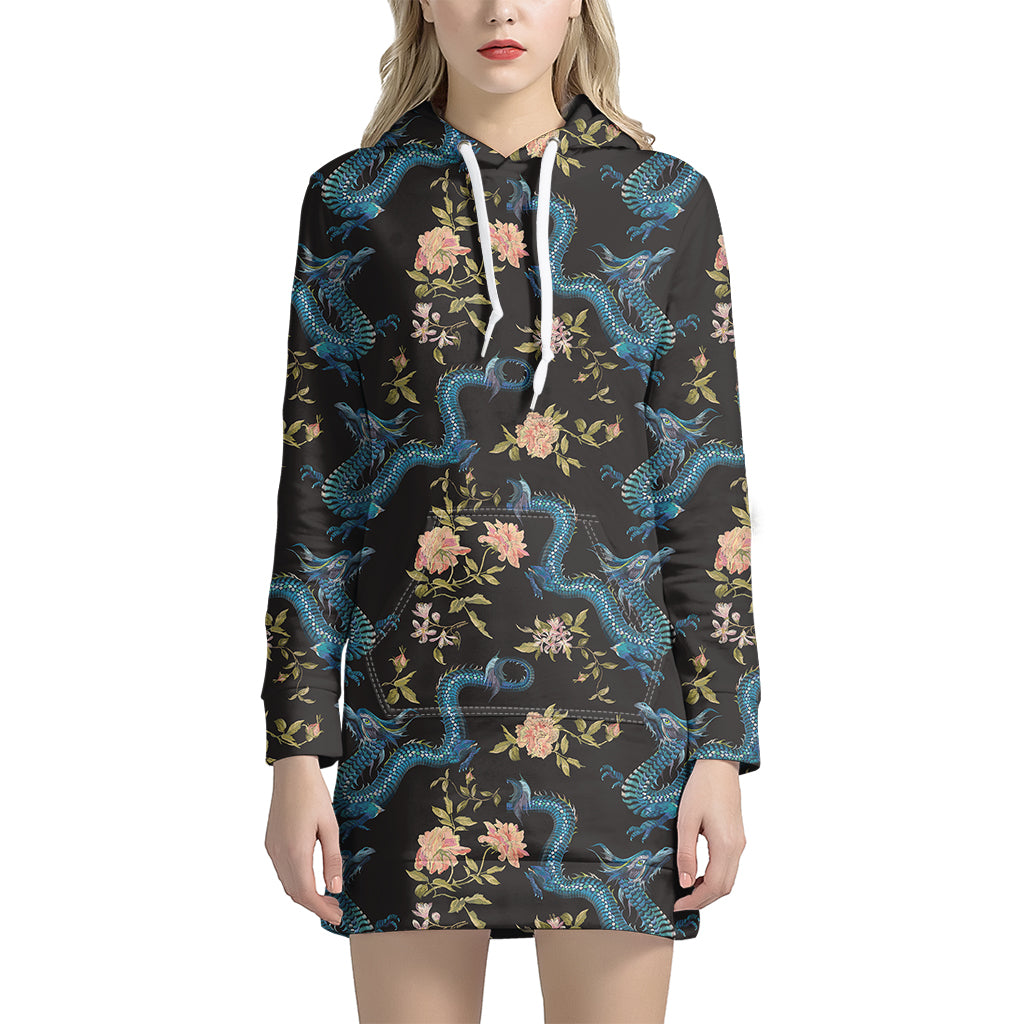 Chinese Dragon And Flower Pattern Print Women's Pullover Hoodie Dress