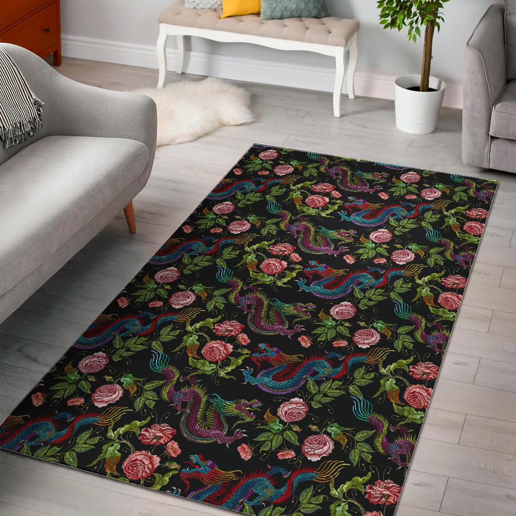 Chinese Dragon Flower Pattern Print Area Rug